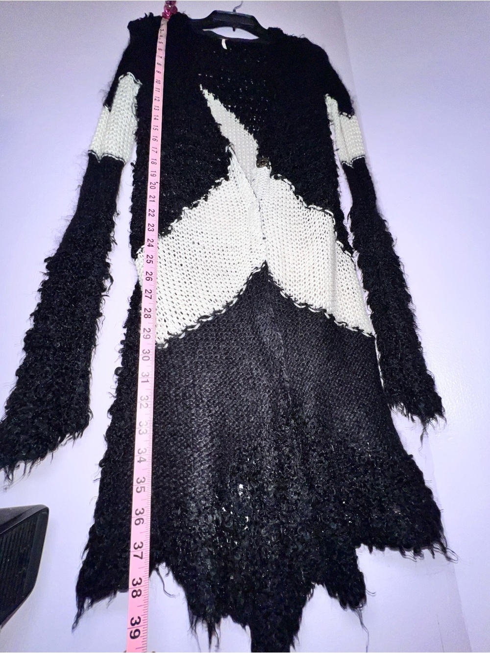 Free People Black & Cream Open-Front Geometric Knit Cardigan